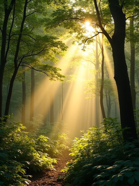 Sunlight filtering through forest leaves, representing 'Komorebi'.