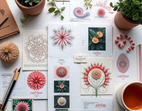 A moodboard with sketches of fractals and photos of flowers.