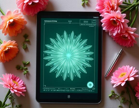 A digital fractal design on a tablet next to a selection of fresh flowers.