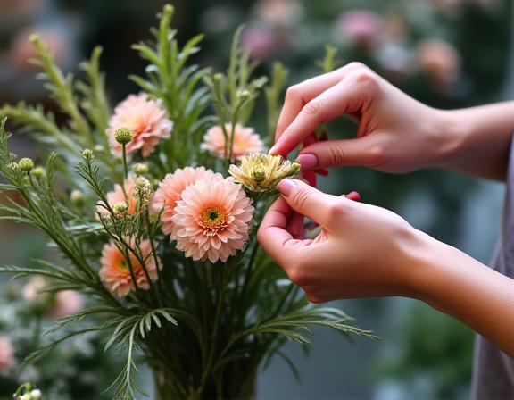 A florist carefully placing a flower into a complex arrangement.