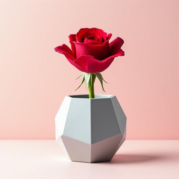 A geometric dodecahedron vase holding a single, perfect rose.