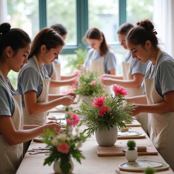 Participants in a floral workshop, focused and creative.
